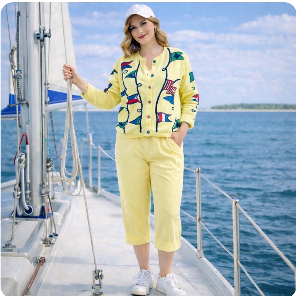 Vintage Yellow Sailboat Flags Cardigan Sweater & Pant Set